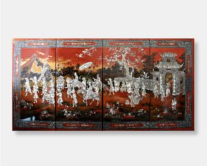 4-pannel Vietnamese lacquer painting titled "Imperial Procession," featuring a detailed mother of pearl inlay of an imperial procession with dignitaries, servants, and villagers against a rich, lacquered background.