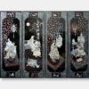 4-pannel Vietnamese lacquer panels titled "Tranquil Moments," featuring intricate mother of pearl inlay depicting intimate scenes of daily life and scholarly pursuits against a dark lacquer background.