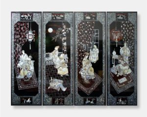 4-pannel Vietnamese lacquer panels titled "Tranquil Moments," featuring intricate mother of pearl inlay depicting intimate scenes of daily life and scholarly pursuits against a dark lacquer background.