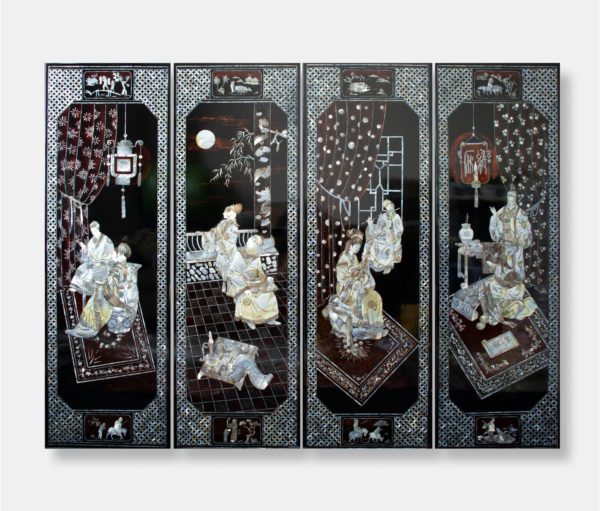 4-pannel Vietnamese lacquer panels titled "Tranquil Moments," featuring intricate mother of pearl inlay depicting intimate scenes of daily life and scholarly pursuits against a dark lacquer background.