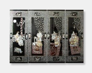 Set of four Vietnamese lacquer art panels titled "Scenes of Vietnamese Heritage," featuring intricate mother of pearl inlay depicting traditional Vietnamese scenes. Each panel measures 40.5x122 cm.