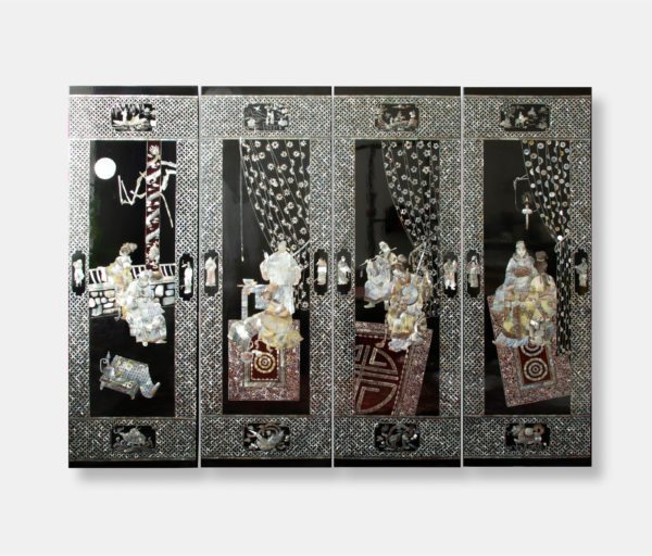 Set of four Vietnamese lacquer art panels titled "Scenes of Vietnamese Heritage," featuring intricate mother of pearl inlay depicting traditional Vietnamese scenes. Each panel measures 40.5x122 cm.