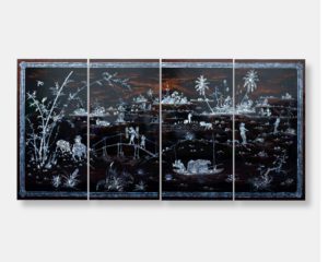 Vietnamese Black Lacquer Mother of Pearl Wall Panels(4) titled "Rice Field Serenity," depicting various rural activities, including rice farming, fishing, and village life, against a black/brown/red lacquer background.