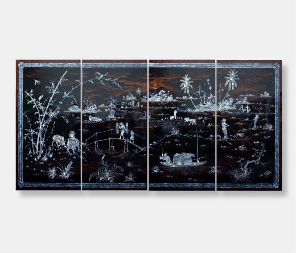 Vietnamese Black Lacquer Mother of Pearl Wall Panels(4) titled "Rice Field Serenity," depicting various rural activities, including rice farming, fishing, and village life, against a black/brown/red lacquer background.