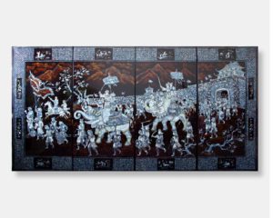 Vietnamese lacquer panels (4) titled "Majestic Parade: The Trung Sisters' Triumph," featuring detailed mother of pearl inlay depicting the Trung Sisters leading a grand procession with warriors, dignitaries, and elephants against a dark lacquer background.