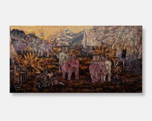 Vietnamese lacquer painting titled "Elephant Caravan" by Phu Mai, featuring detailed scenes of village life with elephants and traditional thatched huts against a dark lacquer background.