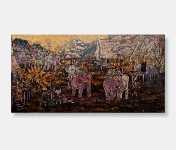 Vietnamese lacquer painting titled "Elephant Caravan" by Phu Mai, featuring detailed scenes of village life with elephants and traditional thatched huts against a dark lacquer background.