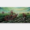 Vietnamese lacquer painting titled "Seafarers' Journey" by Phu Mai, featuring detailed scenes of fishermen navigating wooden boats amidst rolling waves, with traditional junks in the distance and sea birds in flight.