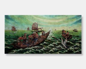 Vietnamese lacquer painting titled "Seafarers' Journey" by Phu Mai, featuring detailed scenes of fishermen navigating wooden boats amidst rolling waves, with traditional junks in the distance and sea birds in flight.