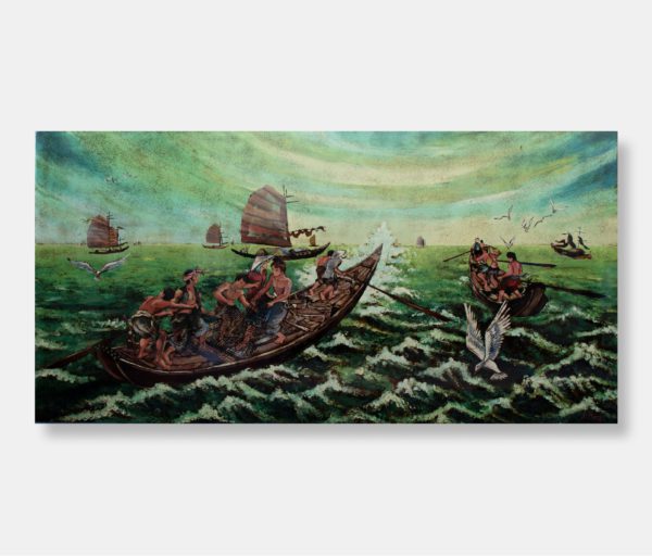 Vietnamese lacquer painting titled "Seafarers' Journey" by Phu Mai, featuring detailed scenes of fishermen navigating wooden boats amidst rolling waves, with traditional junks in the distance and sea birds in flight.