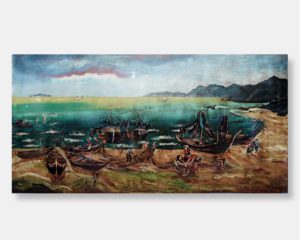 Vietnamese lacquer painting titled "Coastal Harmony" by Tranh Phu Mai, featuring detailed scenes of fishermen mending nets and preparing boats against a backdrop of the ocean and distant mountains.