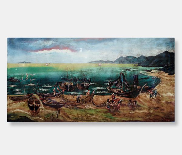 Vietnamese lacquer painting titled "Coastal Harmony" by Tranh Phu Mai, featuring detailed scenes of fishermen mending nets and preparing boats against a backdrop of the ocean and distant mountains.