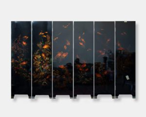 Vietnamese mother of pearl art and lacquer painting wall divider titled "Dual-Koi Fish," featuring six panels measuring a total of 231x154 cm. The front design showcases koi fish and aquatic plants on a dark lacquer background.