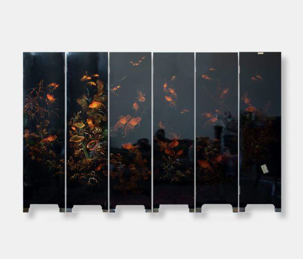 Vietnamese mother of pearl art and lacquer painting wall divider titled "Dual-Koi Fish," featuring six panels measuring a total of 231x154 cm. The front design showcases koi fish and aquatic plants on a dark lacquer background.