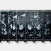 Vietnamese lacquer art wall divider titled "Dual-Sided Elegance," featuring six panels measuring a total of 231x154 cm. This side depicts traditional Vietnamese life with mother of pearl inlay.