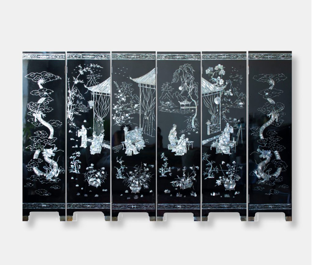 Vietnamese lacquer art wall divider titled "Dual-Sided Elegance," featuring six panels measuring a total of 231x154 cm. This side depicts traditional Vietnamese life with mother of pearl inlay.