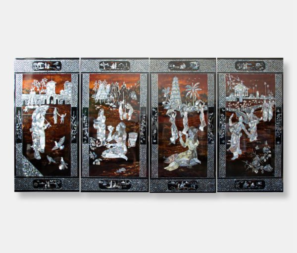 Vietnamese lacquer panels (4) titled "Cultural Festivities: Celebrating Women," featuring detailed mother of pearl inlay depicting various traditional Vietnamese activities, celebrations, and architectural scenes centered around women, against a dark lacquer background.