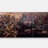 3-panel signed Vietnamese lacquer painting titled "Countryside Peace", featuring a tranquil riverside village scene with traditional huts, boats, and lush greenery against a dark lacquer background.