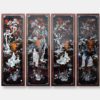 Oriental black lacquer wood wall panels titled "Noble Leisure", featuring detailed mother of pearl inlay depicting serene scenes of traditional Vietnamese leisure activities amidst natural landscapes against a dark lacquer background with brown hues.