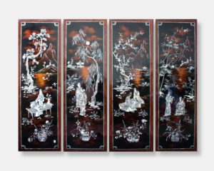 Oriental black lacquer wood wall panels titled "Noble Leisure", featuring detailed mother of pearl inlay depicting serene scenes of traditional Vietnamese leisure activities amidst natural landscapes against a dark lacquer background with brown hues.