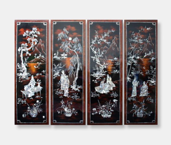 Oriental black lacquer wood wall panels titled "Noble Leisure", featuring detailed mother of pearl inlay depicting serene scenes of traditional Vietnamese leisure activities amidst natural landscapes against a dark lacquer background with brown hues.