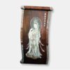 Vietnamese lacquer scroll titled "Divine Elegance," featuring a detailed mother of pearl inlay of Guan Yin, the Buddhist Goddess of Compassion, against a dark lacquer background with decorative borders.