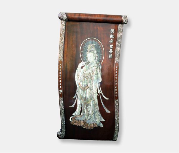 Vietnamese lacquer scroll titled "Divine Elegance," featuring a detailed mother of pearl inlay of Guan Yin, the Buddhist Goddess of Compassion, against a dark lacquer background with decorative borders.