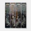 4 long-panel Vietnamese lacquer titled "Floral Harmony," featuring detailed mother of pearl inlay depicting floral arrangements and Chinese calligraphy against a dark lacquer background.