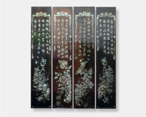 4 long-panel Vietnamese lacquer titled "Floral Harmony," featuring detailed mother of pearl inlay depicting floral arrangements and Chinese calligraphy against a dark lacquer background.