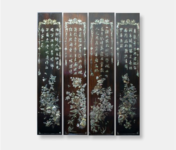 4 long-panel Vietnamese lacquer titled "Floral Harmony," featuring detailed mother of pearl inlay depicting floral arrangements and Chinese calligraphy against a dark lacquer background.