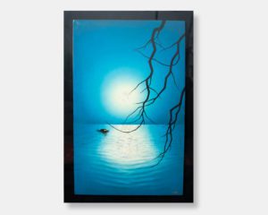 Vietnamese lacquer painting titled "Moonlit Tranquility," featuring a serene night scene with a lone boat on a calm, moonlit sea and a silhouetted tree branch against a dark background.