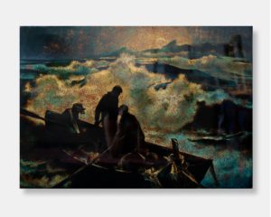 Vietnamese lacquer painting titled "Stormy Seas," featuring a dramatic scene of three silhouetted fishermen in a small boat battling turbulent waves against a dark background.