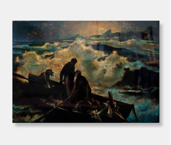 Vietnamese lacquer painting titled "Stormy Seas," featuring a dramatic scene of three silhouetted fishermen in a small boat battling turbulent waves against a dark background.