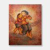 Vietnamese lacquer painting titled "Hammock Embrace" by Vietnamese artist BeKy, created in 1984, featuring a mother lovingly feeding her child on a hammock, against a vibrant background of warm colours.