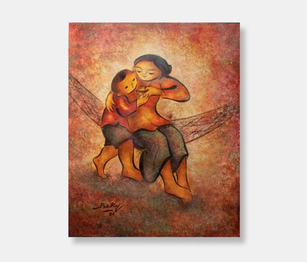 Vietnamese lacquer painting titled "Hammock Embrace" by Vietnamese artist BeKy, created in 1984, featuring a mother lovingly feeding her child on a hammock, against a vibrant background of warm colours.