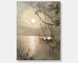 Vietnamese lacquer painting titled "Moonlit Reflections," featuring a serene night scene with a solitary boat on calm waters under a full moon, with visible liquid damage adding to its character.