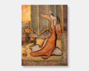 Vietnamese lacquer painting titled "Elegant Grace" by Beky, created in 1984, featuring a graceful woman in a traditional Vietnamese áo dài with warm tones and intricate details.