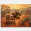 colourful Vietnamese lacquer painting of two Vietnamese children having fun on their buffalo signed by vietnamese artist Beky