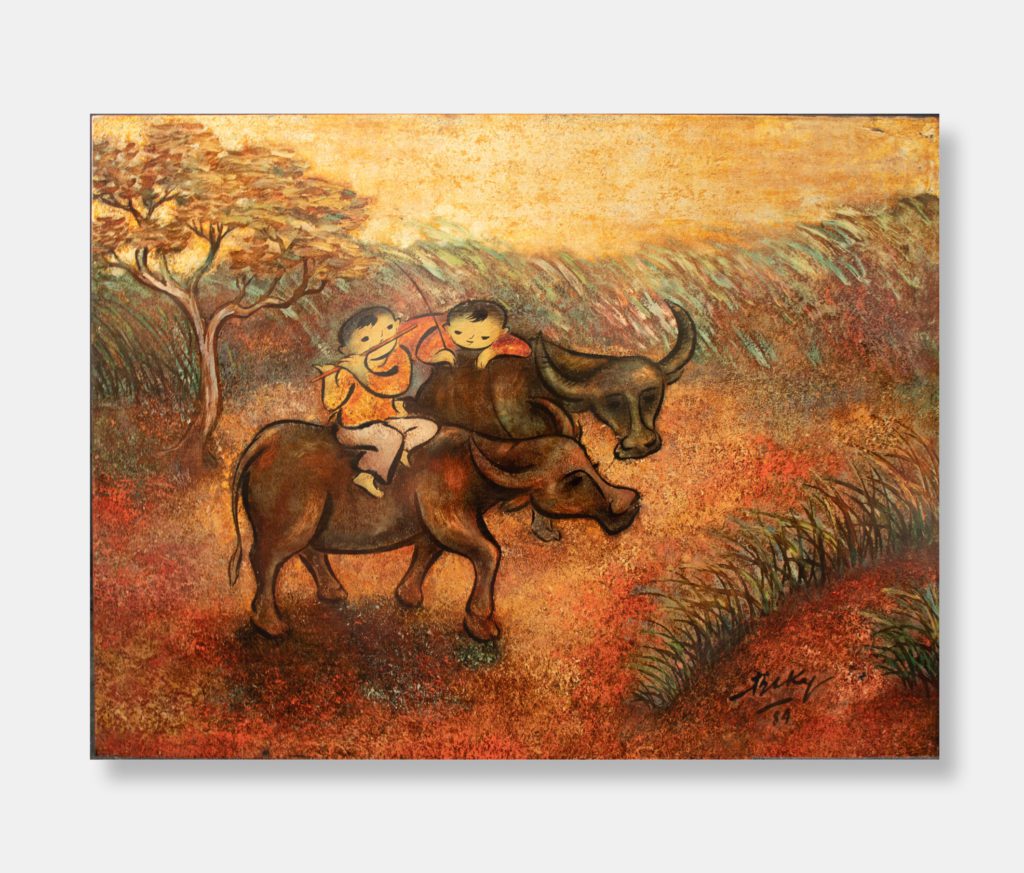 colourful Vietnamese lacquer painting of two Vietnamese children having fun on their buffalo