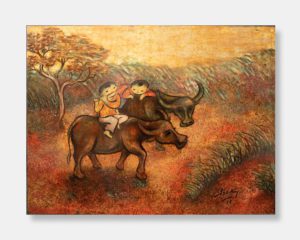 colourful Vietnamese lacquer painting of two Vietnamese children having fun on their buffalo signed by vietnamese artist Beky