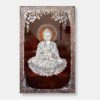 Vietnamese lacquer painting titled "Illuminated Buddha," featuring a peaceful Buddha in a meditative pose with intricate mother of pearl inlay, against a dark lacquer background.