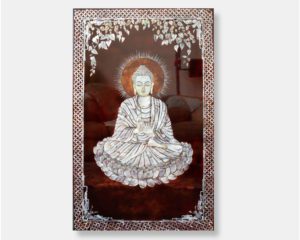 Vietnamese lacquer painting titled "Illuminated Buddha," featuring a peaceful Buddha in a meditative pose with intricate mother of pearl inlay, against a dark lacquer background.