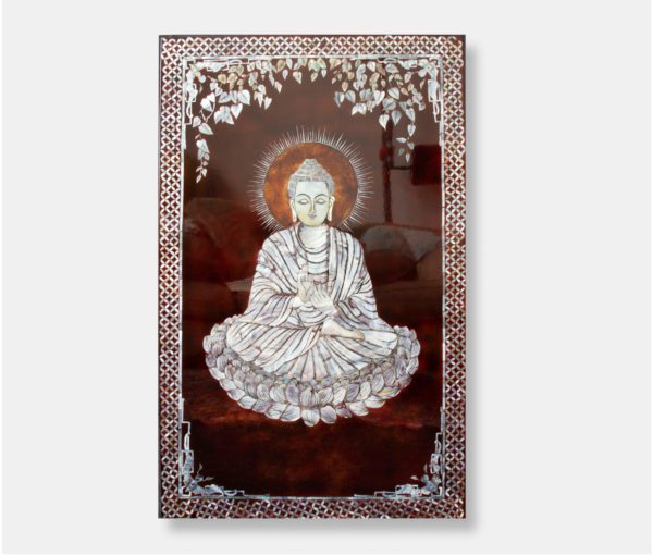 Vietnamese lacquer painting titled "Illuminated Buddha," featuring a peaceful Buddha in a meditative pose with intricate mother of pearl inlay, against a dark lacquer background.