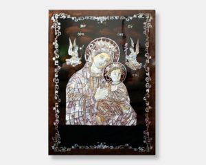 Vietnamese lacquer painting titled "Holy Madonna and Child," featuring the Virgin Mary holding the infant Jesus with intricate mother of pearl inlay and Greek writing against a dark lacquer background.