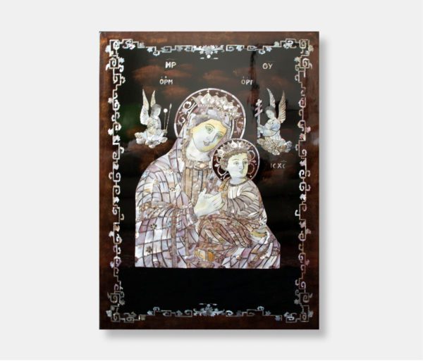 Vietnamese lacquer painting titled "Holy Madonna and Child," featuring the Virgin Mary holding the infant Jesus with intricate mother of pearl inlay and Greek writing against a dark lacquer background.