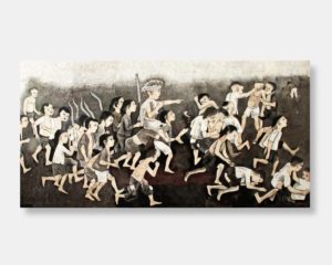 Vietnamese lacquer painting titled "The Game of Life" by Thanh Le, featuring a lively scene of children playing, captured on a 90x178 cm wooden panel.