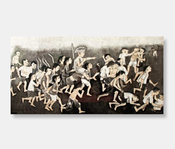 Vietnamese lacquer painting titled "The Game of Life" by Thanh Le, featuring a lively scene of children playing, captured on a 90x178 cm wooden panel.