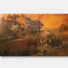 Vietnamese lacquer painting titled "Sunset Serenity" by Thanh Le, featuring a peaceful rural landscape with water buffaloes, a farmer, and a serene river, captured on a 100x160 cm wooden panel.