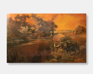 Vietnamese lacquer painting titled "Sunset Serenity" by Thanh Le, featuring a peaceful rural landscape with water buffaloes, a farmer, and a serene river, captured on a 100x160 cm wooden panel.