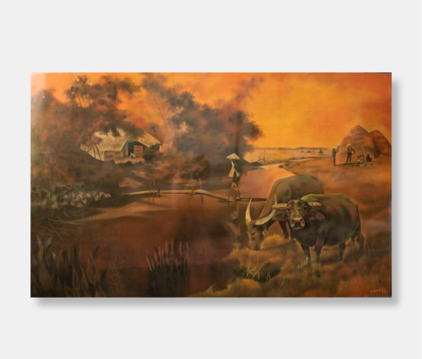 Vietnamese lacquer painting titled "Sunset Serenity" by Thanh Le, featuring a peaceful rural landscape with water buffaloes, a farmer, and a serene river, captured on a 100x160 cm wooden panel.